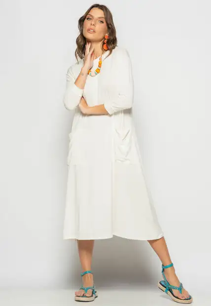 Vestido Midi Com Bolsos E Manga 7/8 Marfim Salvatore