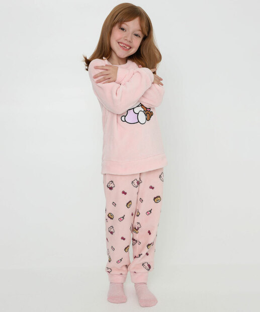 Pijama Infantil Bordado Hello Kitty Manga Longa Tam 04 ao 12 Rosa