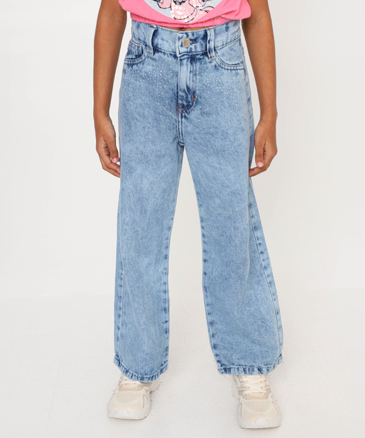 Calça Jeans Flare Infantil Strass Tam 4 a 10 Azul