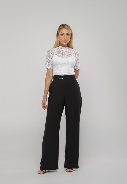Blusa de Renda Gola Alta E Manga Curta Branco Salvatore