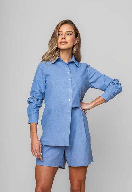 Camisa Alfaiataria Linho M/L Com Bolso Azul Salvatore