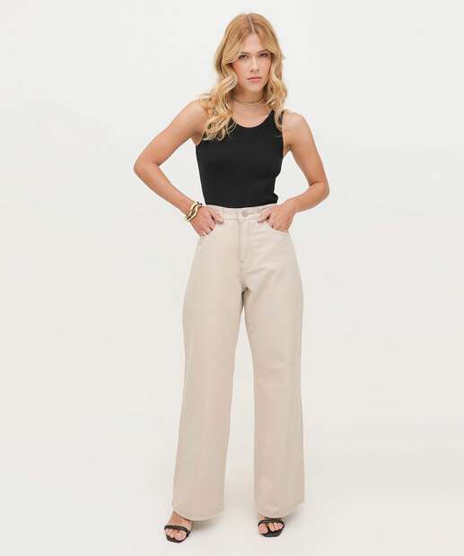Calça Sarja Wide Leg Bolsos Feminina 