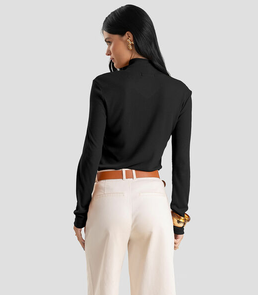 Blusa Feminina Gola Alta Cruzada Canelada Dianna Preto