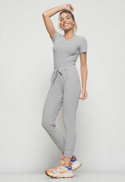 Blusa  Básica Manga Curta Malha Canelada Mescla