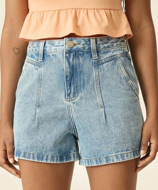 Short Jeans Cintura Alta Bolsos Feminino Marisa