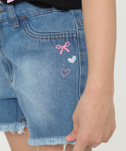 Short Infantil Jeans Frase Barra Desfiado Tam 4 a 10 Azul