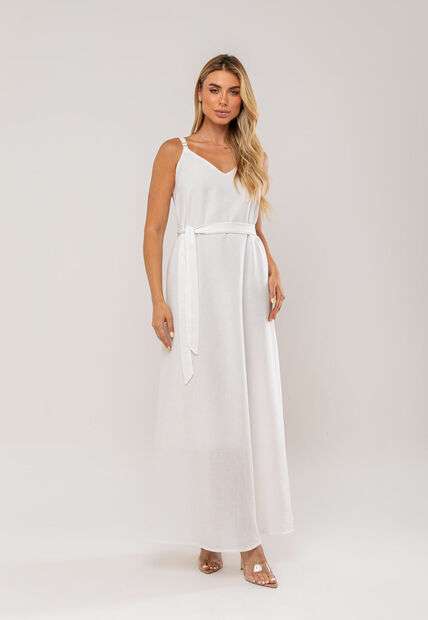 Vestido Longo Com Faixa Na Cintura Branco Salvatore