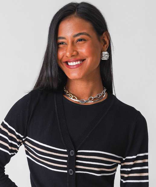 Cardigan Feminino Cropped Listrado Marisa Preto