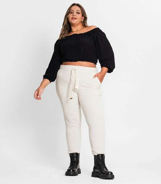 Calça Feminina Plus Size Em Moletinho Secret Glam Off White