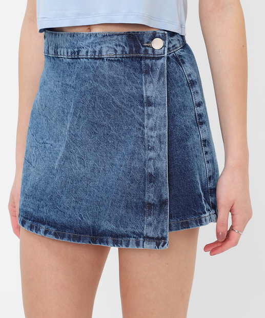 Short Saia Feminino Jeans Cintura Alta Azul