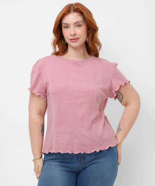 Blusa Plus Size Feminina Canelada Frufru Marisa Rosa