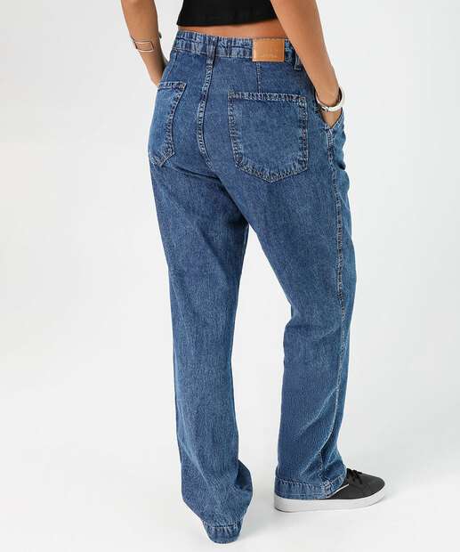 Calça Jeans Reta Feminina Bolsos Azul