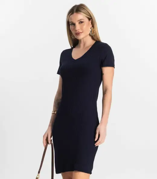 Vestido Feminino Em Ribana Canelada Rovitex Azul