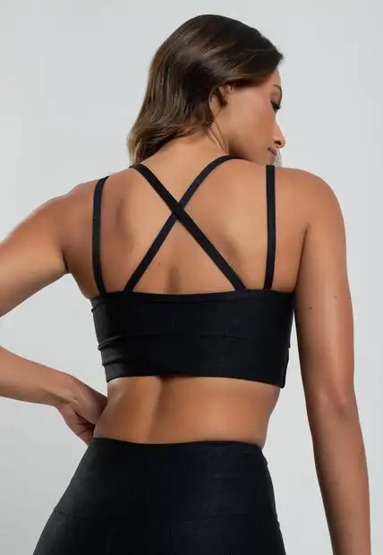 Top Suplex Canelado Brilho Decote e Tiras Preto Salvatore Fashion