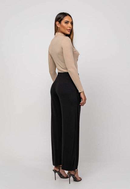 Blusa Gola Alta Manga Longa Malha Canelada Bege Salvatore Fashion