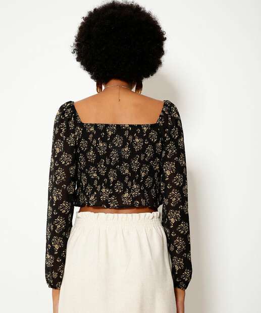Blusa Cropped Feminina Chiffon Floral Manga Longa Marisa