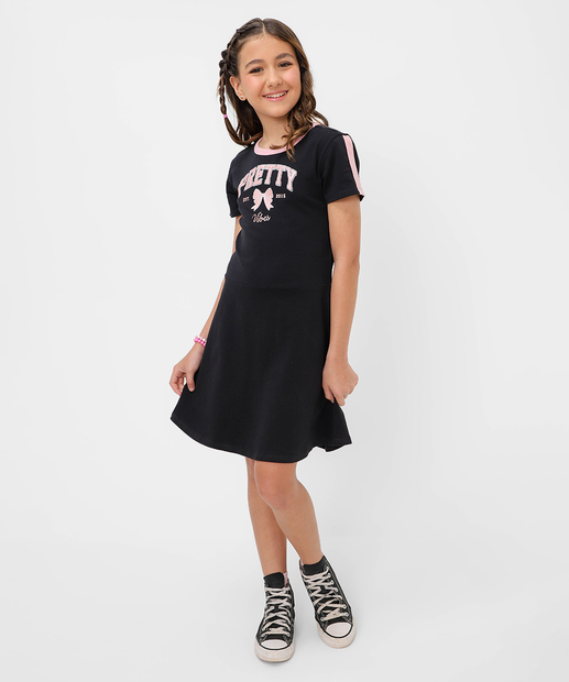 Vestido Juvenil Estampado Manga Curta Marisa 10 a 16 Preto