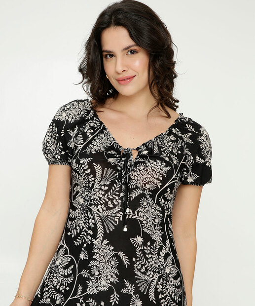 Vestido Longo Feminino Folhas Manga Curta Marisa