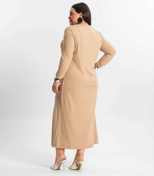 Vestido Midi Plus Size Manga Longa Secret Glam Marrom