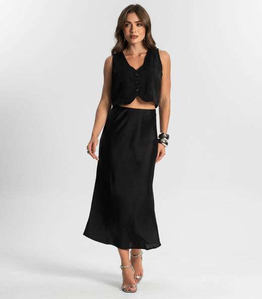 Saia Feminina Midi Acetinada Style Box Preto