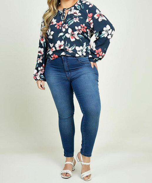 Blusa Plus Size Feminina Floral Manga Longa Marisa