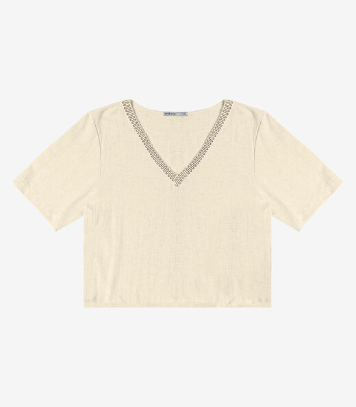 T- shirt em V Feminina Endless Bege