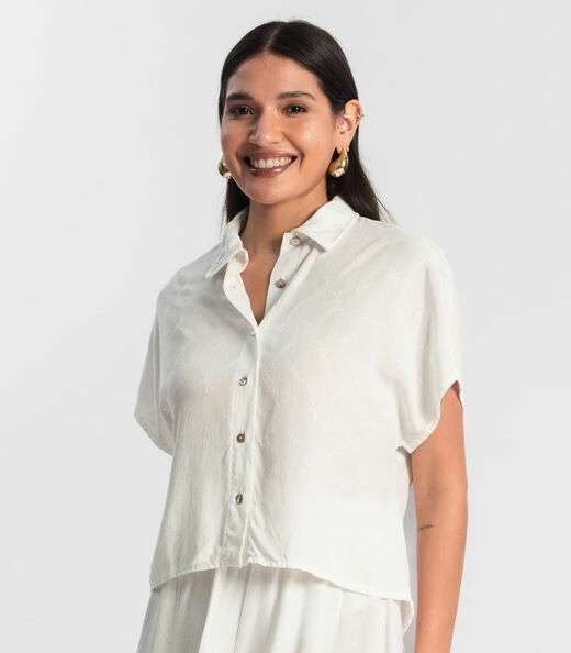 Camisa de Viscose Feminina Manga Curta de Botão Bege