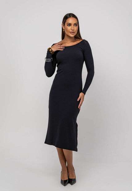 Vestido Midi M/L Decote Canoa Canelado Preto Salvatore
