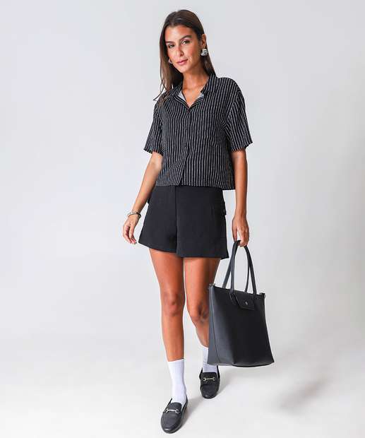 Camisa Cropped Feminina Listrada Manga Curta Marisa Preto