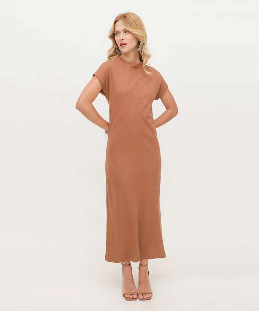 Vestido Midi Feminino Fenda Manga Curta Marisa
