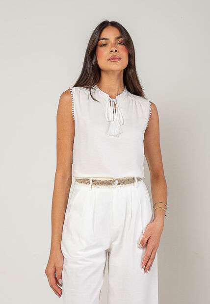 Regata Alfaiataria Com Amarração E Detalhe de Pompons Branco Salvatore