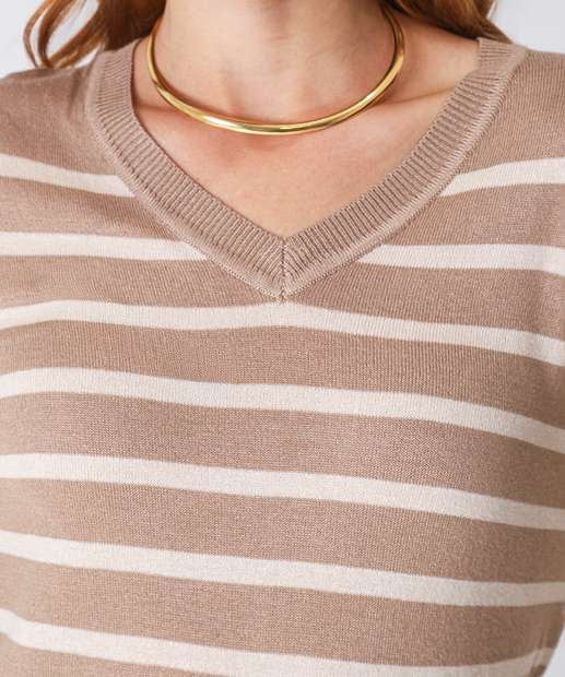 Suéter Feminino Listrado Gola V Marisa Bege