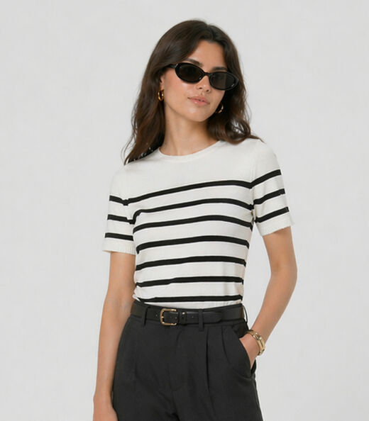 Blusa Feminina Em Tricot Listrado Dianna Bege