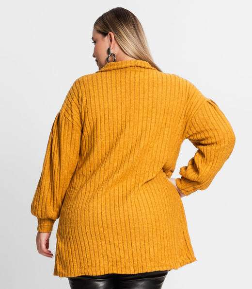 Cardigan Plus Size Em Canelado Tricot Secret Glam Amarelo