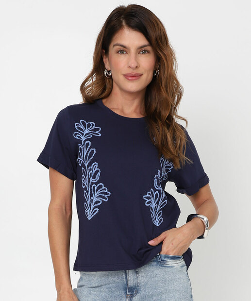 Image_Blusa Feminina Estampa Flores Manga Curta Marisa Azul