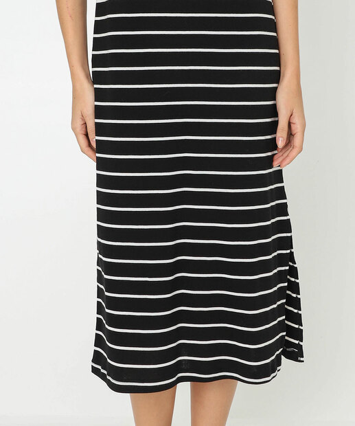 Vestido Midi Feminino Listrado Manga Curta Marisa Preto