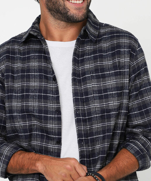 Camisa Masculina Xadrez Flanelada Marisa Azul