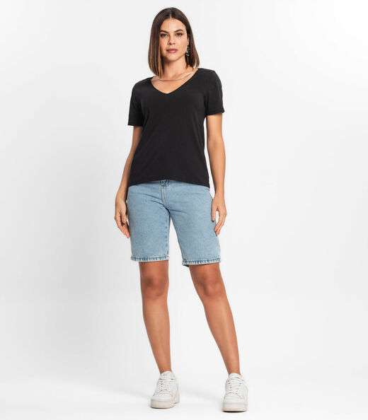 Blusa Feminina Manga Curta Decote V Rovitex Preto