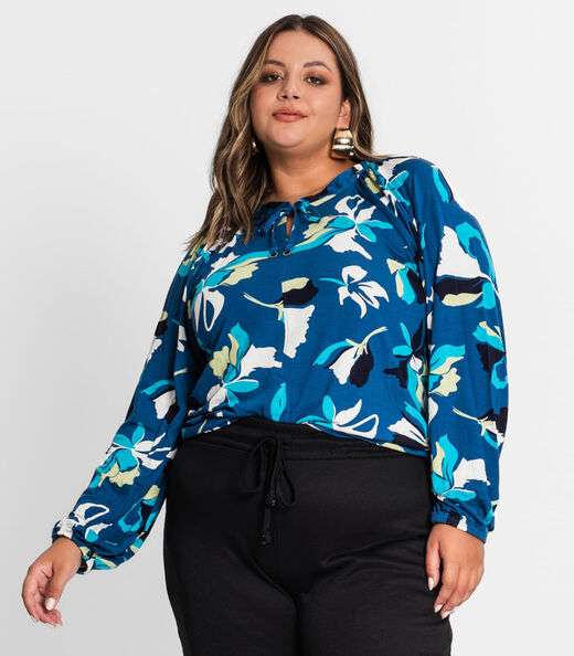 Blusa Estampada Manga Longa Plus Size Secret Glam Azul