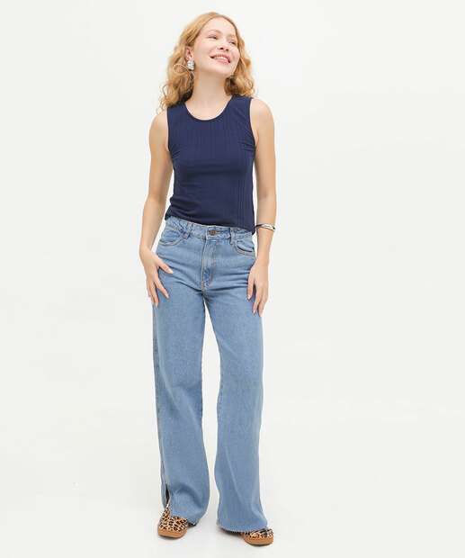 Calça Wide Leg Feminina Barra Desfiada Fenda