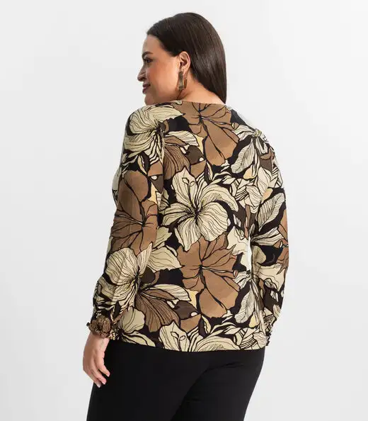 Blusa Plus Size Manga Longa Feminina Secret Glam Marrom