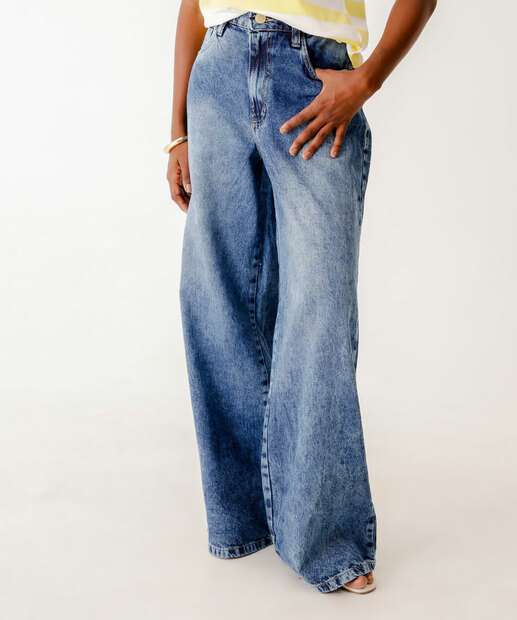 Calça Jeans Wide Leg Feminina Marmorizada Bolsos Marisa