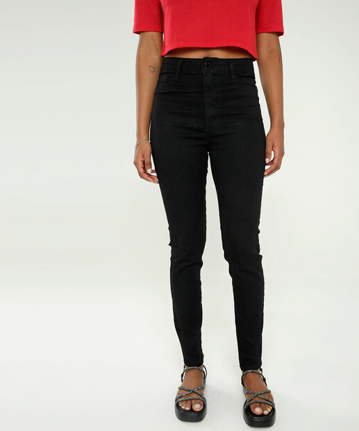 Calça Jeans Feminina Cintura Alta Bolsos