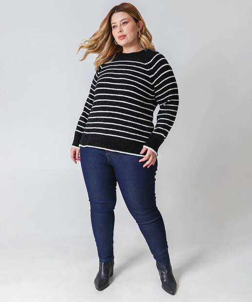 Suéter Plus Size Feminino Chenille Listrado Marisa Preto
