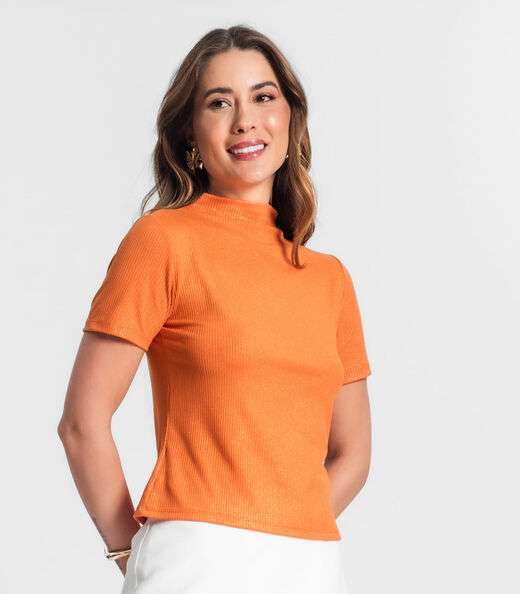 Blusa Gola Alta Em Ribana Canelada Lurex Rovitex Laranja