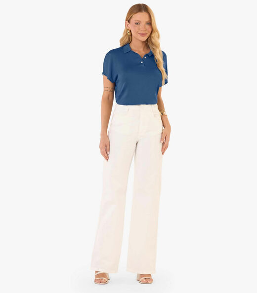 Blusa Feminina Visco Tricot Gola Polo Rovitex Azul