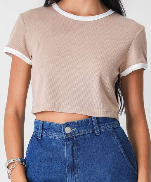 Blusa Cropped Feminina Canelada Marisa Bege