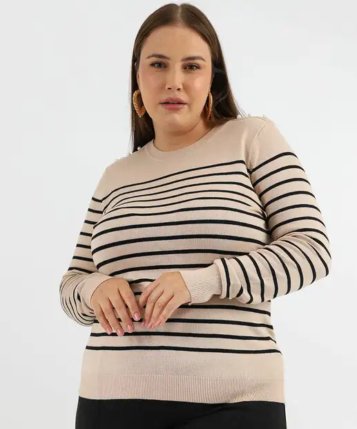 Image_Suéter Plus Size Feminino Tricô Listrado Pérolas Marisa Bege