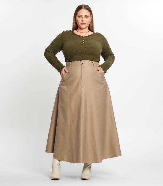 Saia Feminina Midi Godê Sarja Com Bolso Select Bege