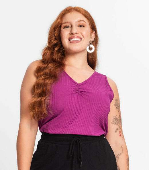 Regata Plus Size Em Ribana Canelada Secret Glam Roxo